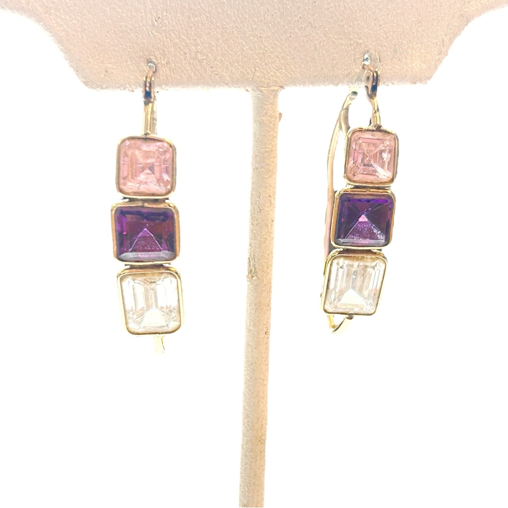 Vintage 14k Yellow Gold Pink Clear Purple 1.5”Hoop Drop Earrings 7.7 G